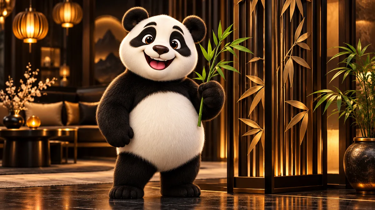 Панда в смокинге с веткой бамбука в тёплом зале казино — обложка обзора Panda